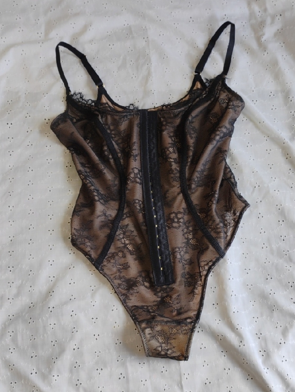 Shapellx Nude-Tone Sheer Bodysuit with Black Lace Trim